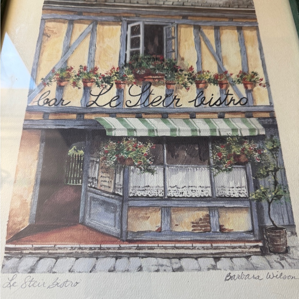 Barbara Wilson watercolor print  “Le Steir Bistro” framed 12 x15